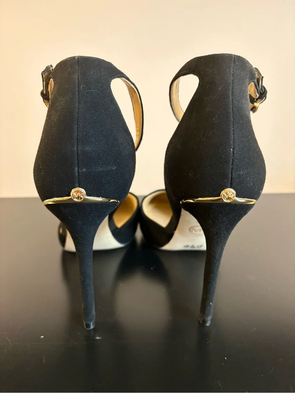 Michael Kors Black Suede Ankle-Strap Pointed-Toe Heels with Gold Accent